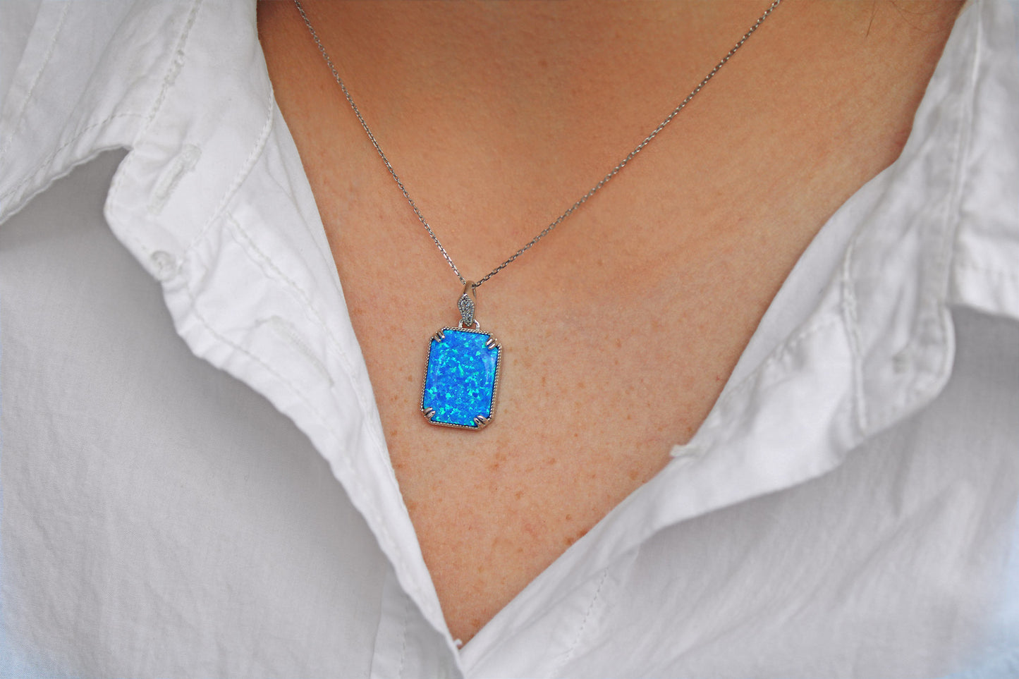 Sterling Silver Blue Imitation Opal Necklace