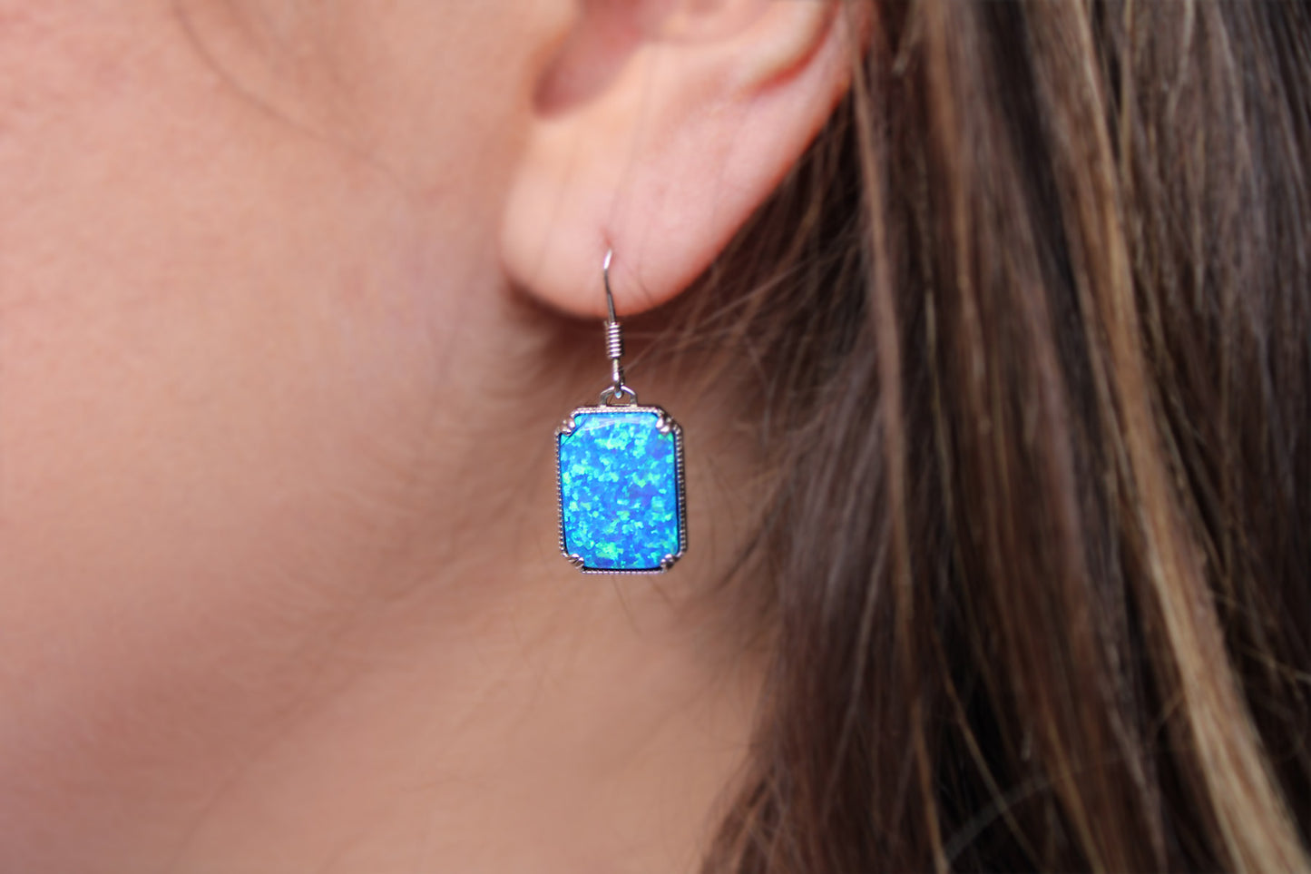 Sterling Silver Blue Imitation Opal Earrings